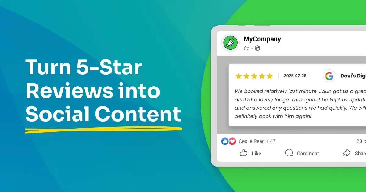 A social media dashboard displaying customer reviews automatically shared to Facebook and Instagram