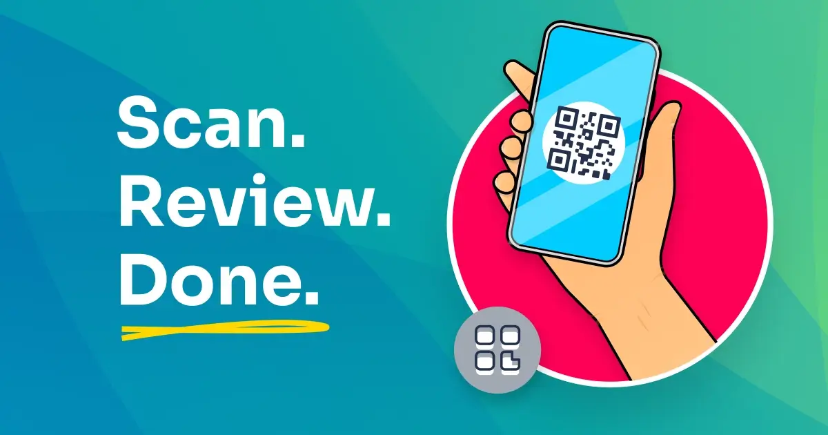 A customer scanning a QR code on a smartphone to leave a Google review