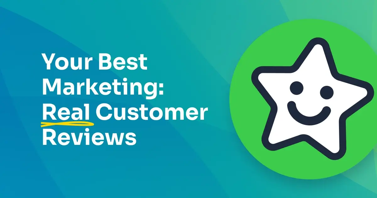 A marketing graphic featuring customer testimonials and social media sharing visuals